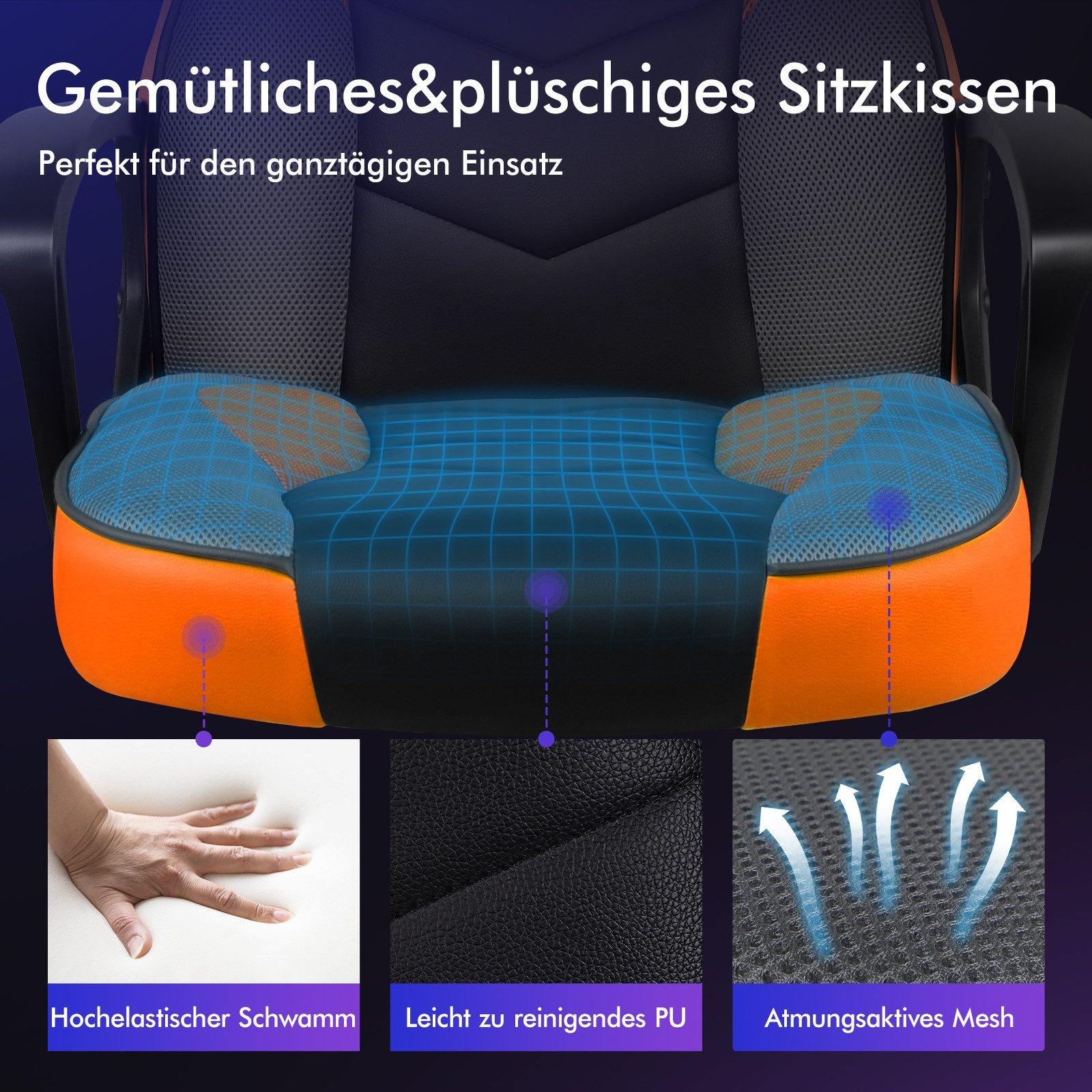 Ein Bürostuhl mit orangefarbenen und schwarzen Akzenten. Merkmale sind atmungsaktives Mesh, Memory-Schaum und leicht zu reinigendes PU.