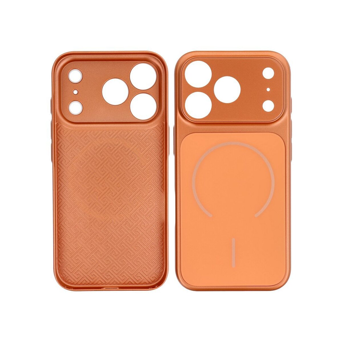 Zwei orangefarbene Handyhüllen. Eine zeigt ein gemustertes Rückenteil, die andere ein kreisförmiges Design. Beide haben Kameraausschnitte.