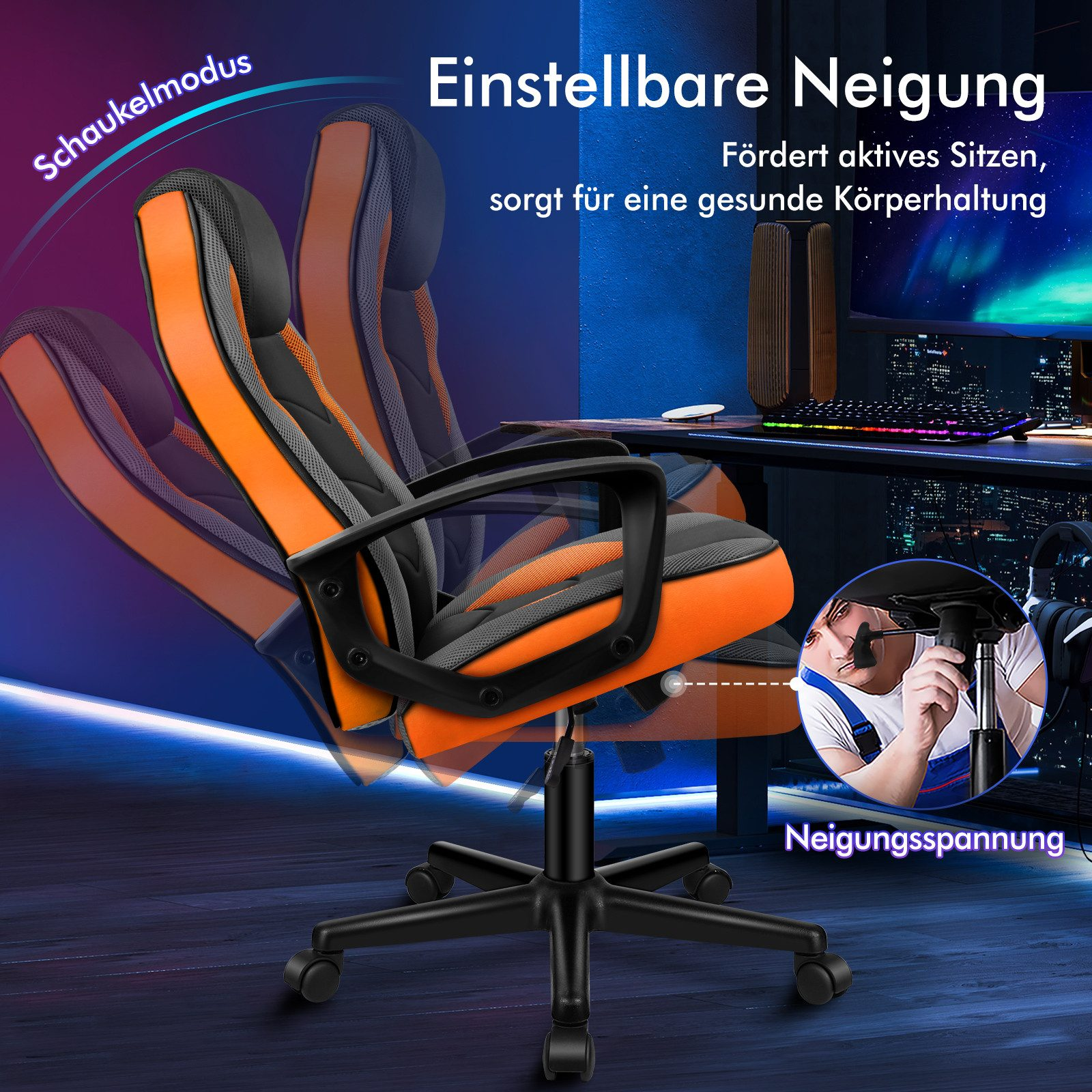 Ein orange-schwarzer Gaming-Stuhl in Bewegung, der eine einstellbare Neigung zeigt. Eine Person stellt die Spannung ein.
