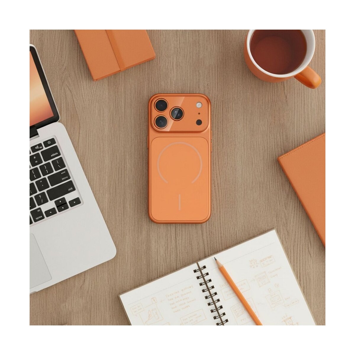 Draufsicht auf einen Holztisch mit Laptop, Telefon, Notizbuch, Stift, Tasse und orangefarbenem Zubehör. Das Telefon steht im Mittelpunkt.