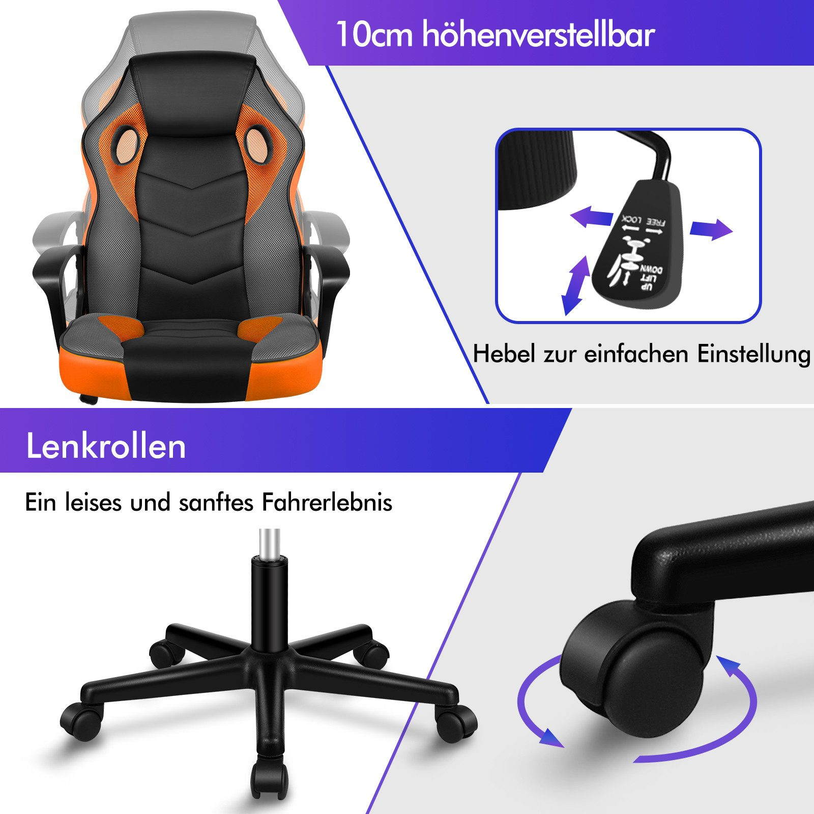 Gaming-Stuhl mit schwarzem, orangefarbenem und grauem Farbschema. Zu den Merkmalen gehören höhenverstellbar, Hebel und leichtgängige Rollen.