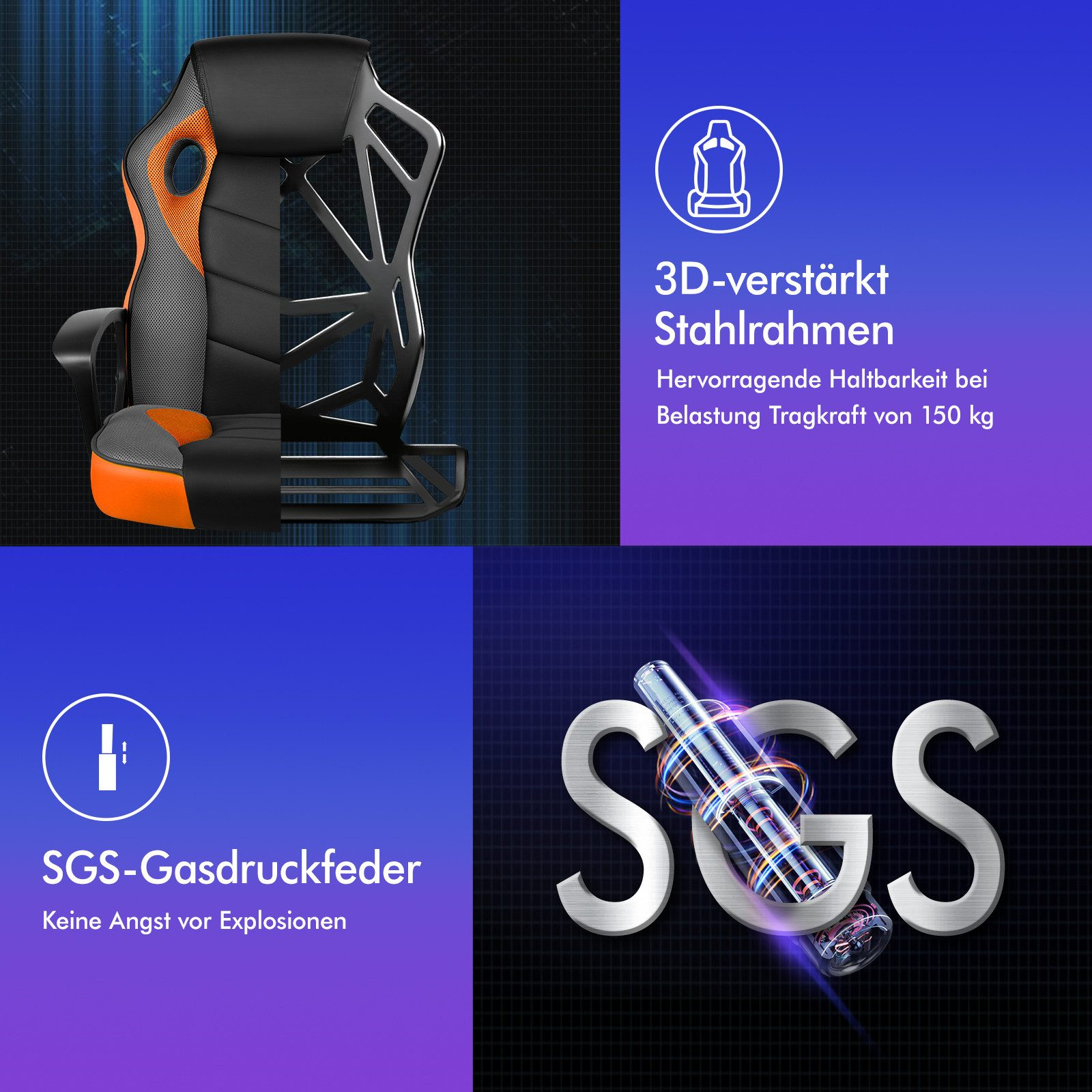 Gaming-Stuhl mit schwarzem und orangefarbenem Design. Merkmale sind Stahlrahmen, Gasfeder und das SGS-Logo.