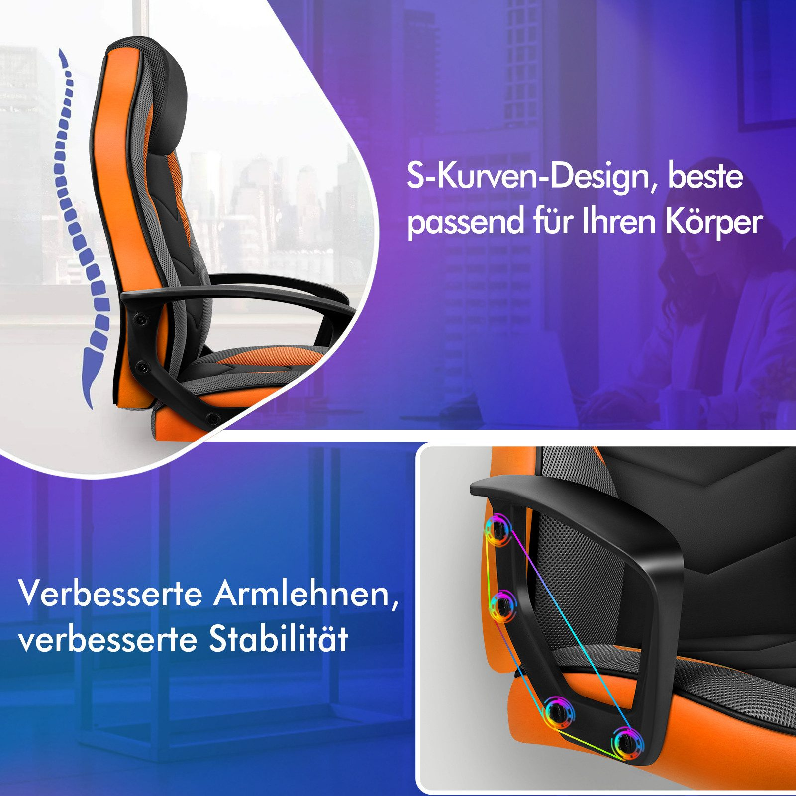 Ein orange-schwarzer Gaming-Stuhl mit S-Kurven-Design. Text erwähnt Armlehnen und Stabilität. Im Hintergrund ist eine Frau zu sehen.