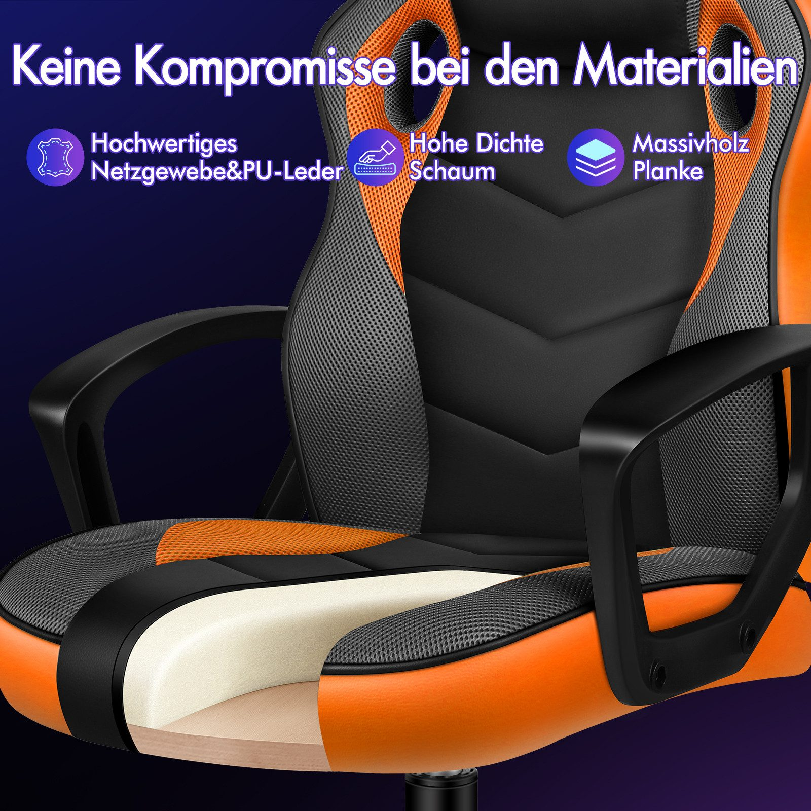 Gaming-Stuhl mit orangefarbenen und schwarzen Akzenten. Zu den Merkmalen gehören Mesh-Gewebe, PU-Leder, Schaumstoff mit hoher Dichte und Massivholz.