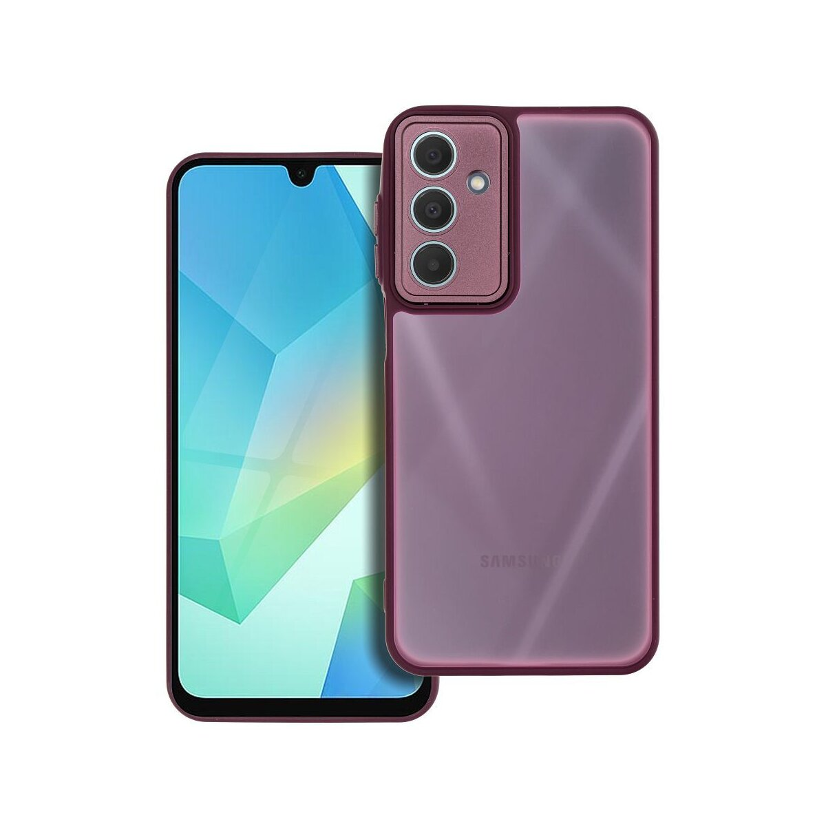 Ein Smartphone in einer lila Hülle, das neben dem Bildschirm liegt. Das Telefon hat eine Dreifachkamera und eine Waterdrop-Kerbe.