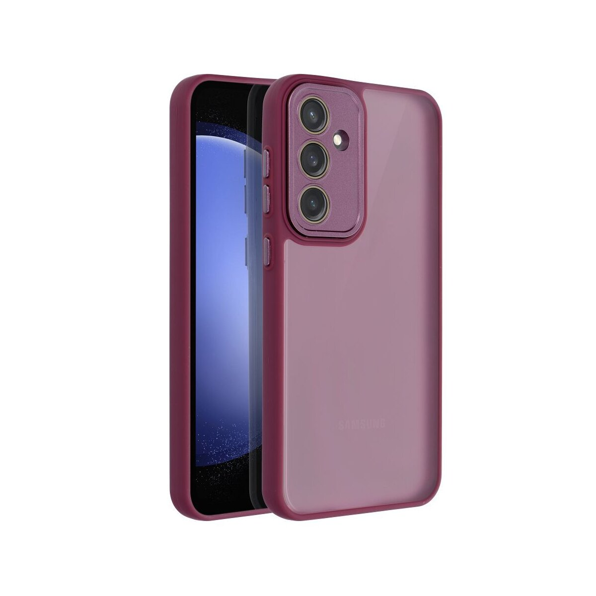 Ein Telefon in einer weinroten Hülle. Die Hülle hat ein Kameramodul und eine transparente Rückseite. Der Telefonbildschirm ist sichtbar.