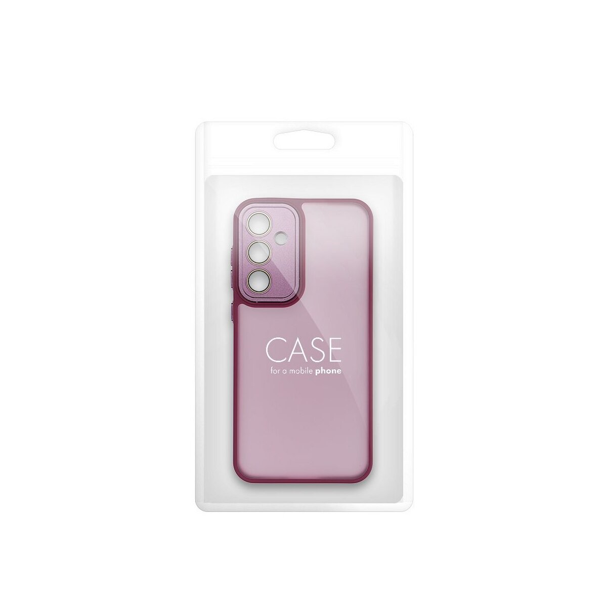 Eine rosa Handyhülle in einer transparenten Plastikverpackung. Die Hülle hat einen Kameraausschnitt und das Wort "CASE" ist darauf gedruckt.