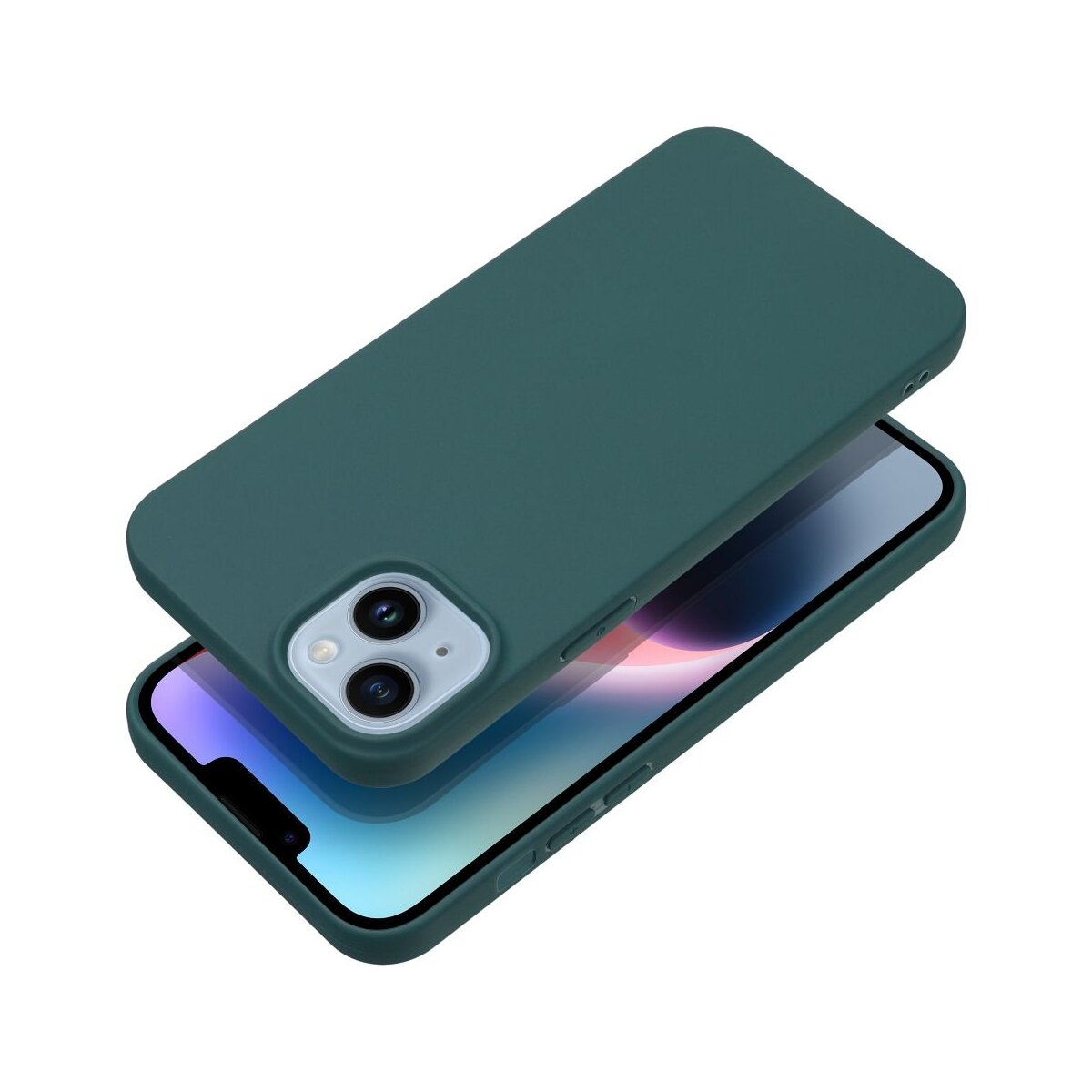 Una custodia verde copre parzialmente un telefono. Il telefono mostra uno schermo colorato. Sfondo bianco.