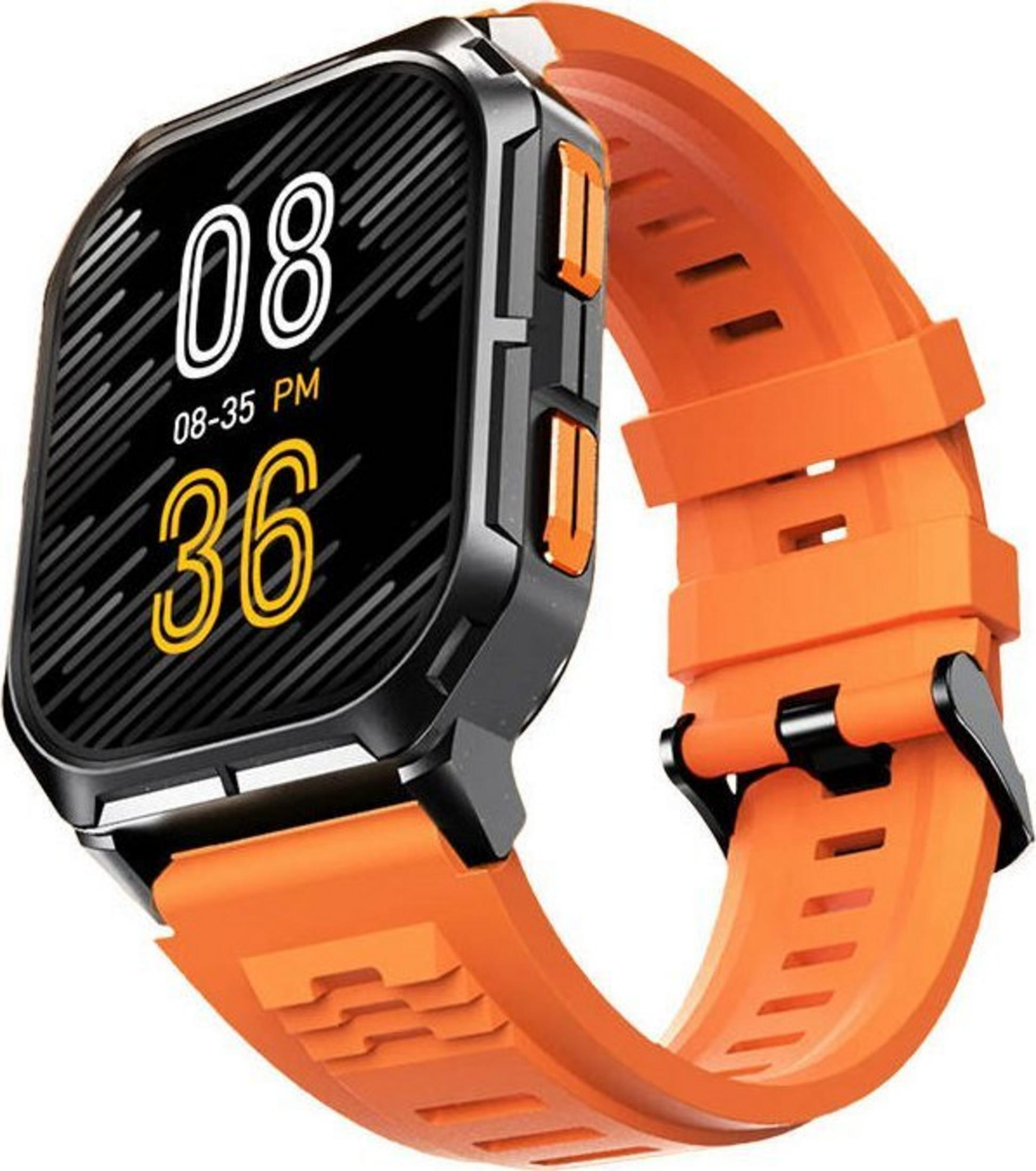 Smartwatch with orange strap. The display shows the time 08:36 PM. The watch has a black and orange color scheme.