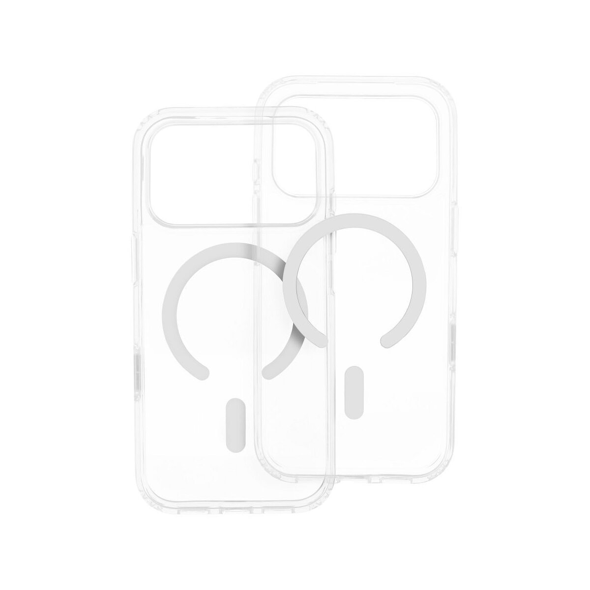 Zwei transparente Handyhüllen mit weißem, kreisförmigem Design und einem vertikalen Rechteck unten, isoliert auf weißem Hintergrund.