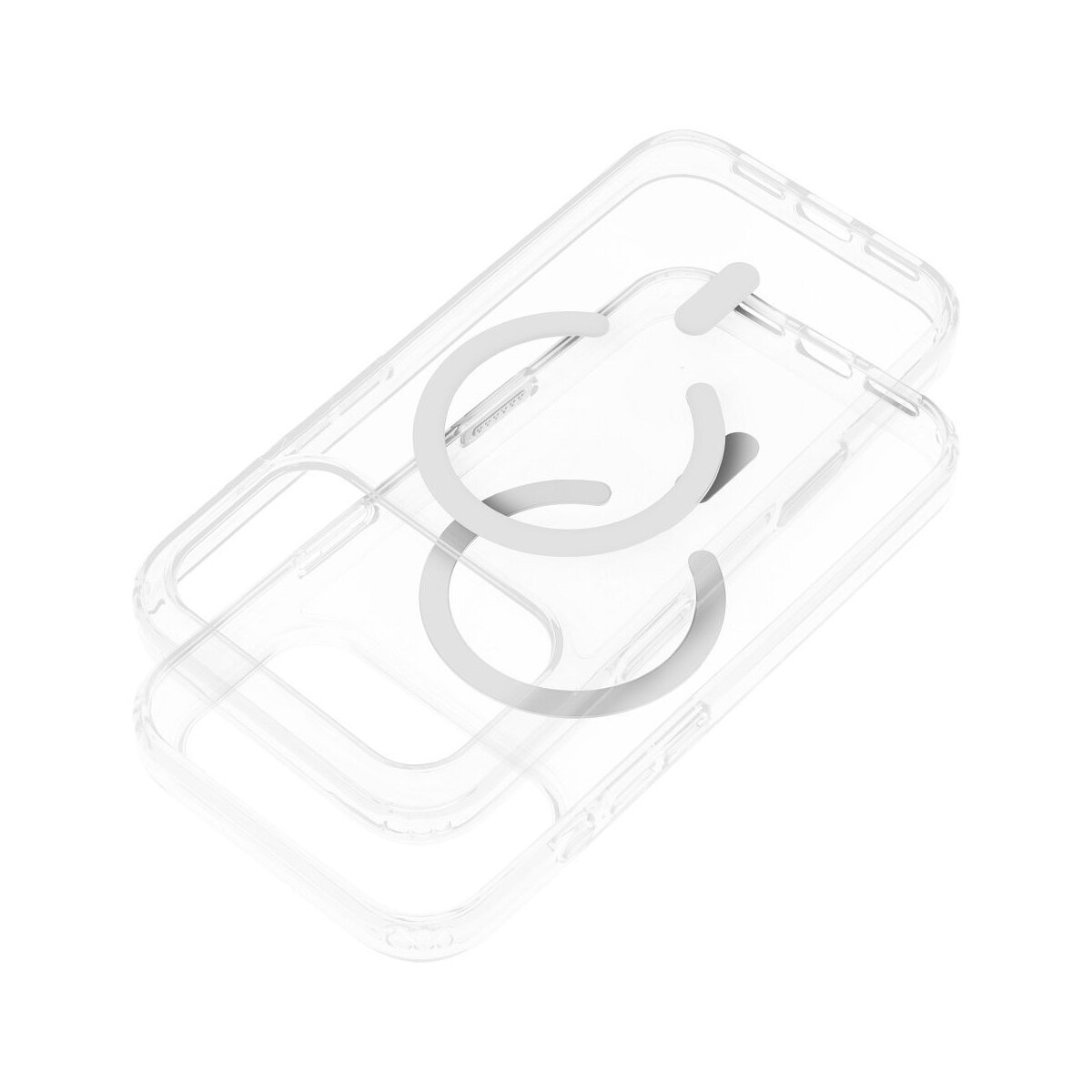 Zwei transparente Handyhüllen mit weißem Kreisdesign, eine überlappt die andere leicht, vor weißem Hintergrund.