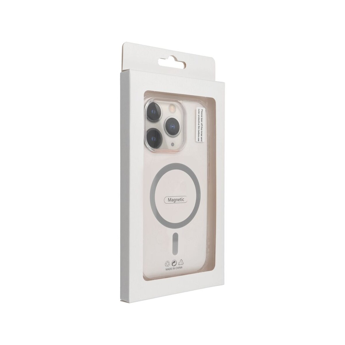 Ein Telefoncase in einer weißen Schachtel. Das transparente Case zeigt die Kameralinsen des Telefons und hat einen Magnetkreis.
