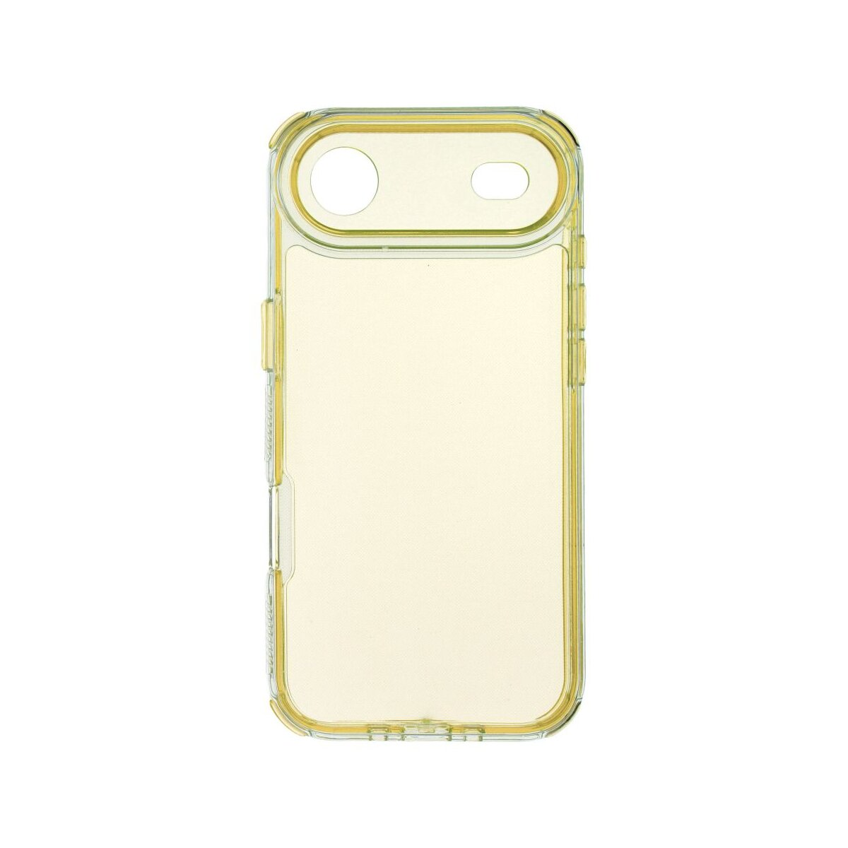 Eine transparente iPhone-Hülle mit gelblichem Farbton. Die Hülle hat Öffnungen für Kamera und Knöpfe.