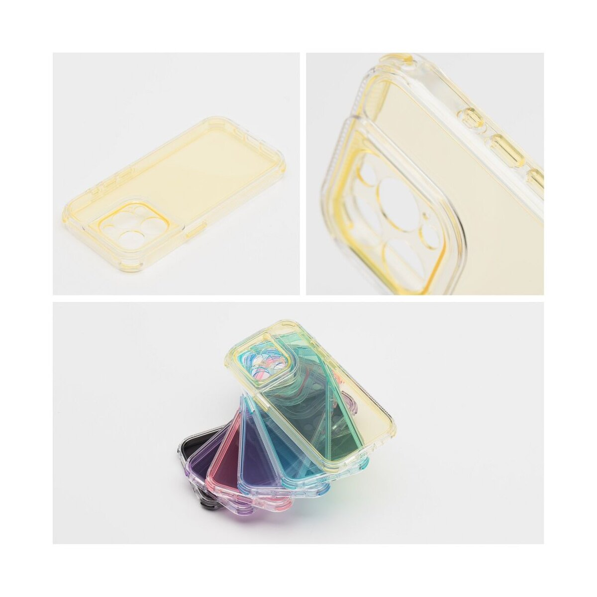 Das Bild zeigt Handyhüllen. Eine gelbe Hülle und ein Stapel bunter Hüllen. Details des Designs und des Stapels sind sichtbar.