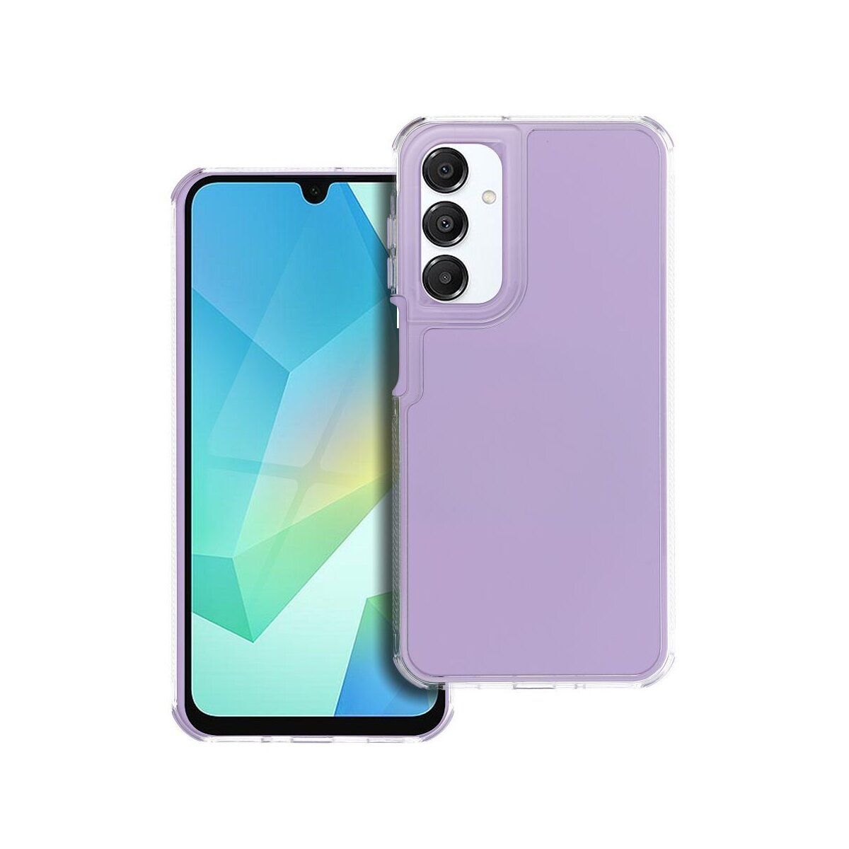 Ein Smartphone mit lila Hülle liegt neben einem Handy mit farbenfrohem, geometrischem Hintergrund. Die Hülle hat drei Kameralinsen.