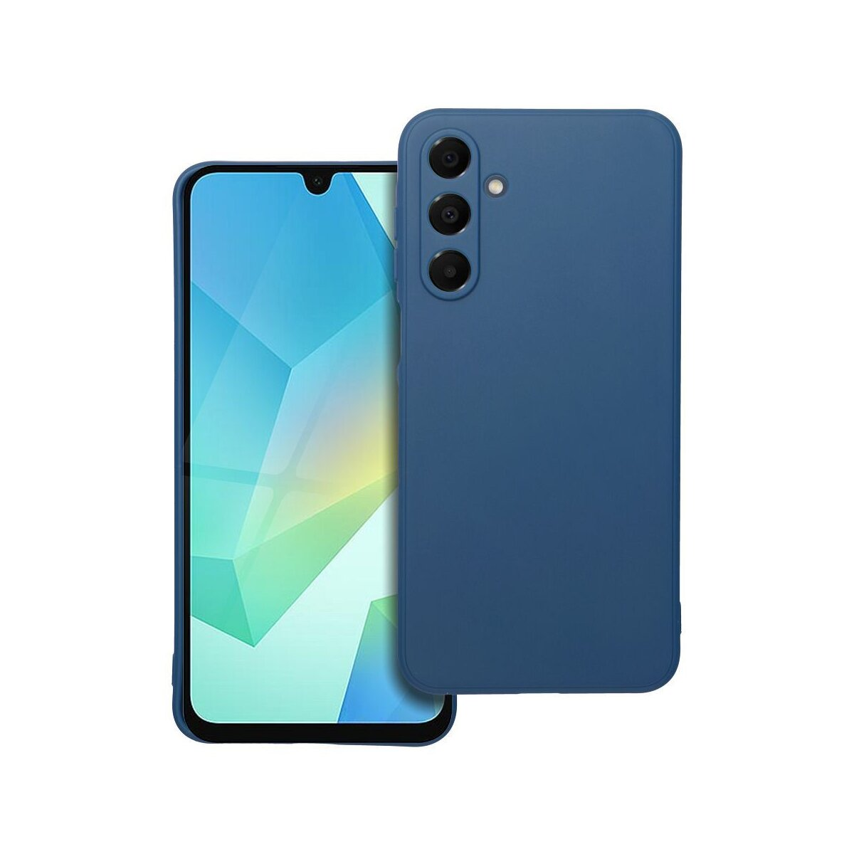 Ein blaues Smartphone mit einer passenden blauen Hülle wird auf weißem Hintergrund dargestellt. Das Telefon ist teilweise sichtbar.