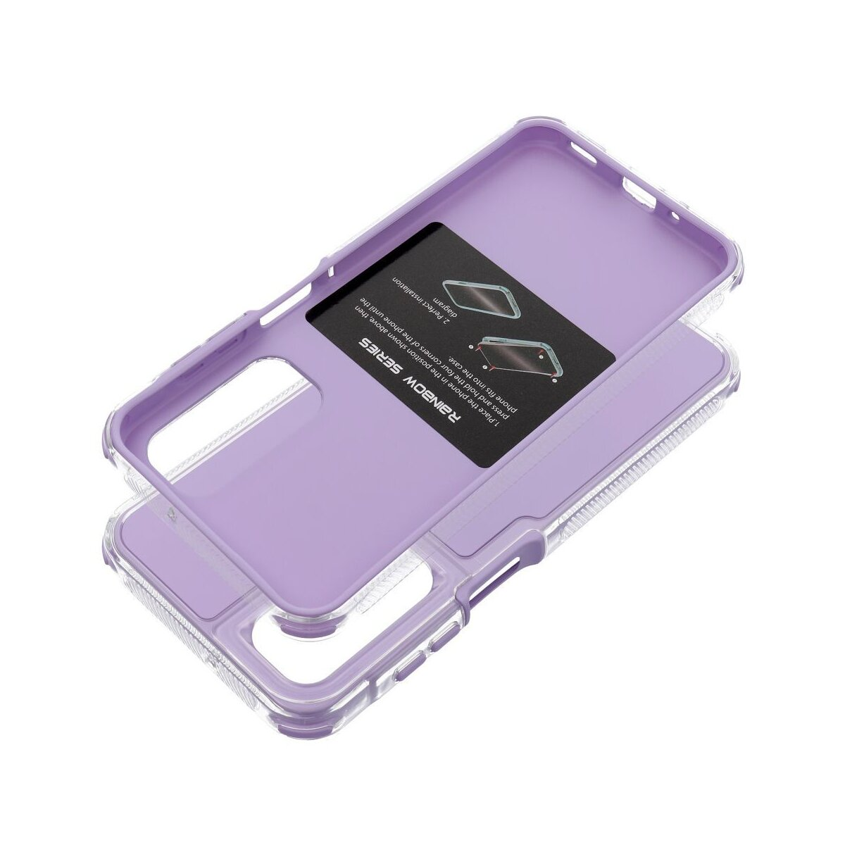 Zerlegtes Handycase mit lila Innenseite und klarer Außenseite, mit einer Anleitungskarte.
