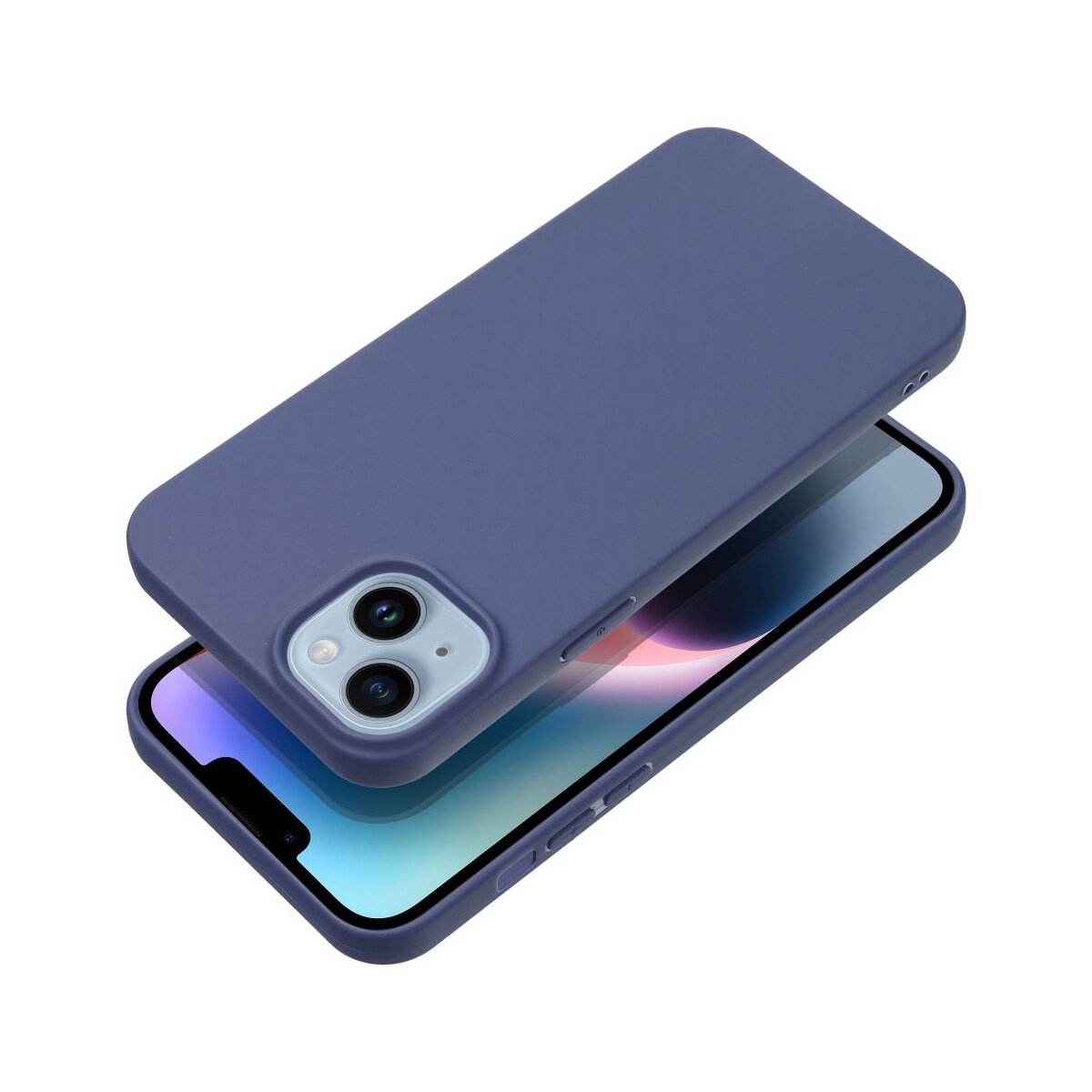 Un telefono blu scuro con una custodia abbinata viene visualizzato. La custodia è leggermente sollevata, rivelando lo schermo.