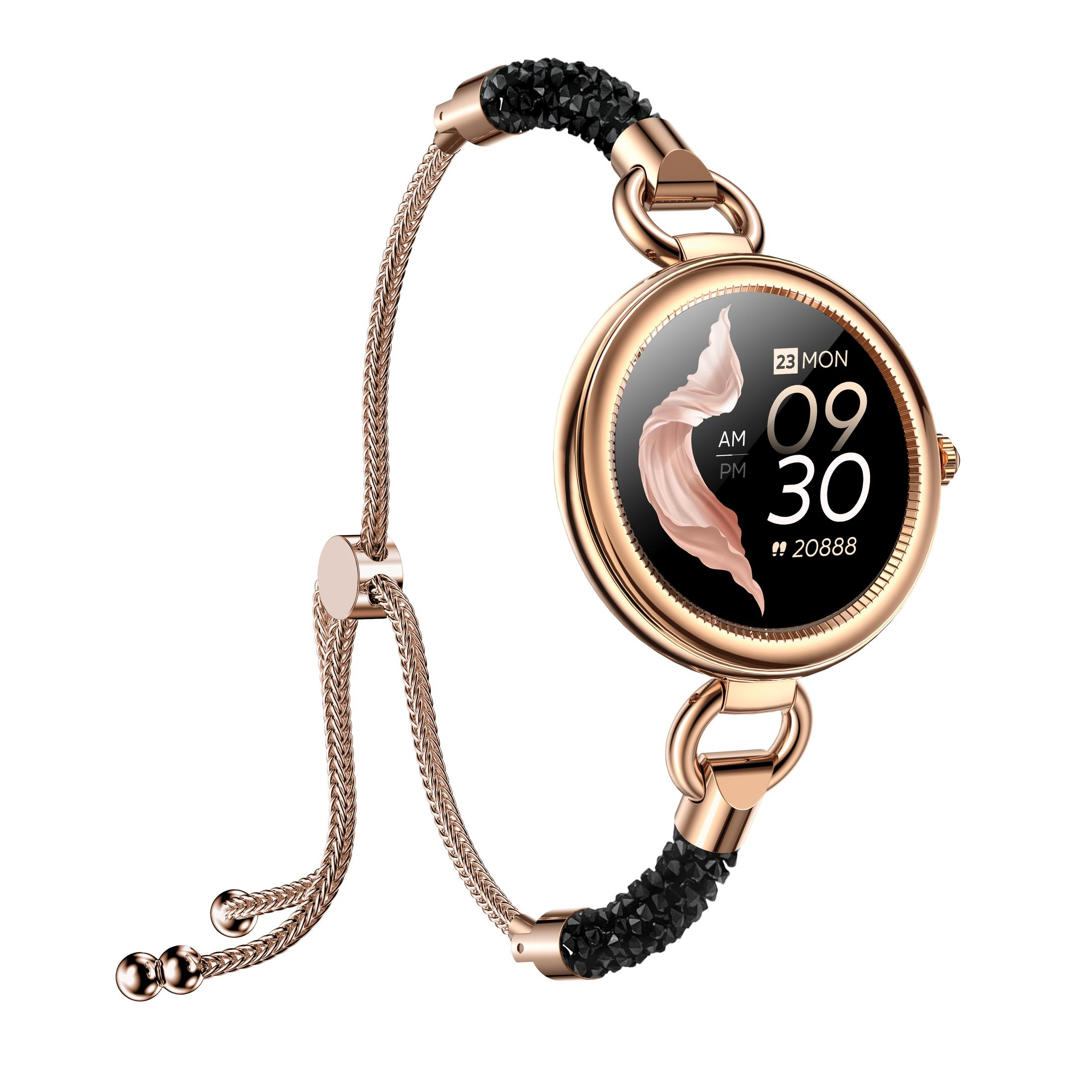 Roségoldene Smartwatch mit schwarzem Bildschirm, der die Uhrzeit anzeigt, umgeben von einem Armband mit schwarzen Akzenten.