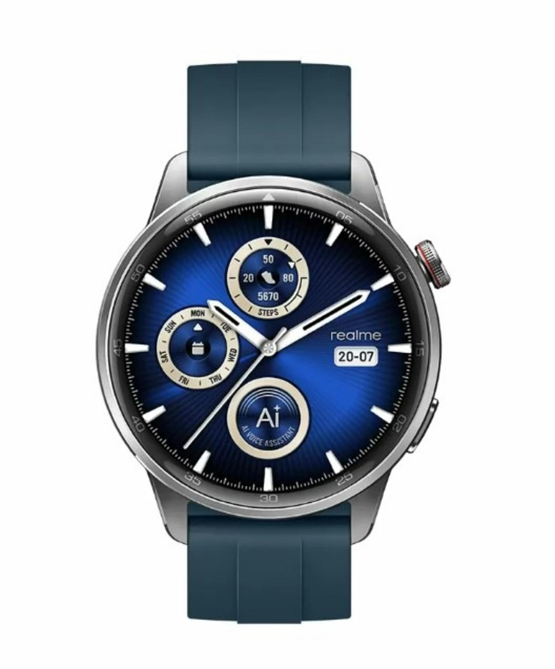 Smartwatch Realme z niebieską tarczą, niebieskim paskiem i srebrną ramką. Pokazuje kroki, datę i asystenta głosowego AI.