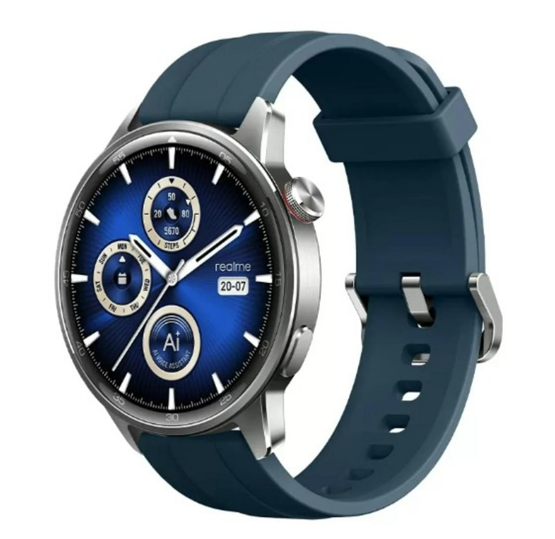 Pokazano ciemnoniebieski smartwatch Realme z niebieskim paskiem. Tarcza zegarka wyświetla godzinę, kroki i inne informacje.