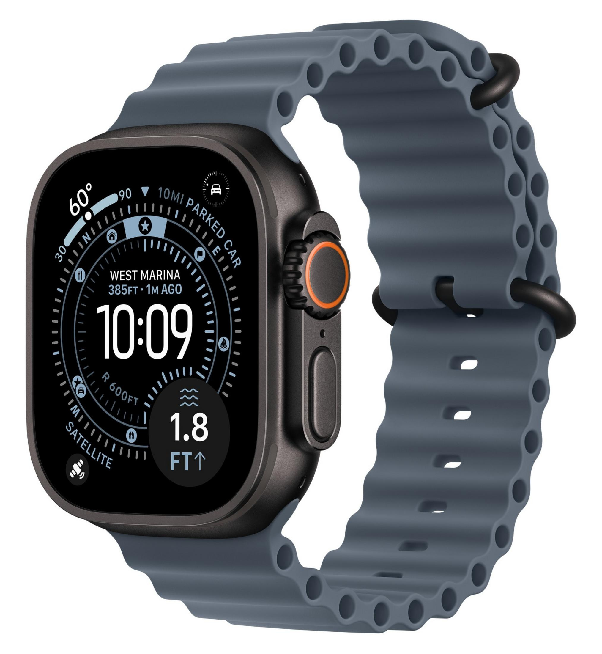Un Apple Watch Ultra con una correa gris. La pantalla muestra la hora, ubicación y otros datos. El reloj está sobre un fondo blanco.