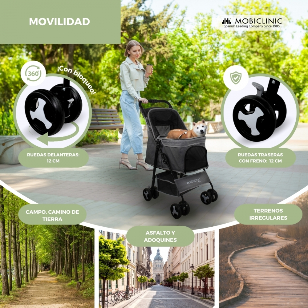 Una mujer empuja un cochecito para perros. El cochecito tiene ruedas delanteras y traseras. Escenas muestran diferentes terrenos. La marca es MOBICLINIC.