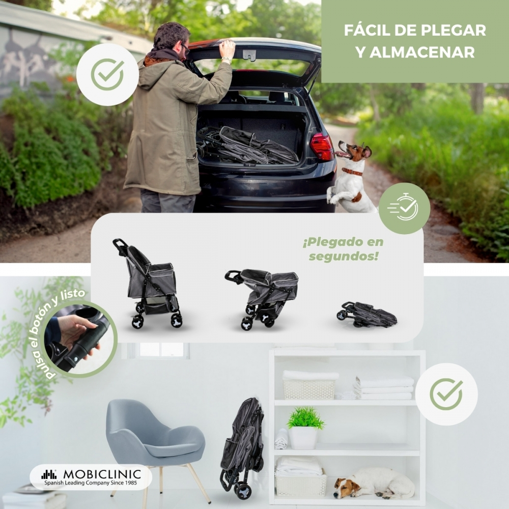 Hombre cargando coche con cochecito para mascotas, perro observa. Cochecito se despliega. Estante blanco con toallas dobladas y un perro.