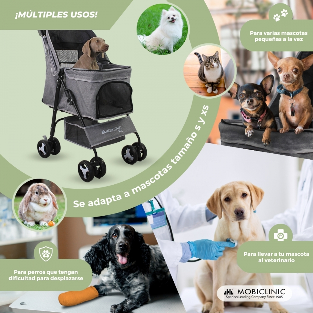 Un anuncio muestra un cochecito para mascotas con varias mascotas, incluyendo un perro en el cochecito, e imágenes de otras mascotas y usos.
