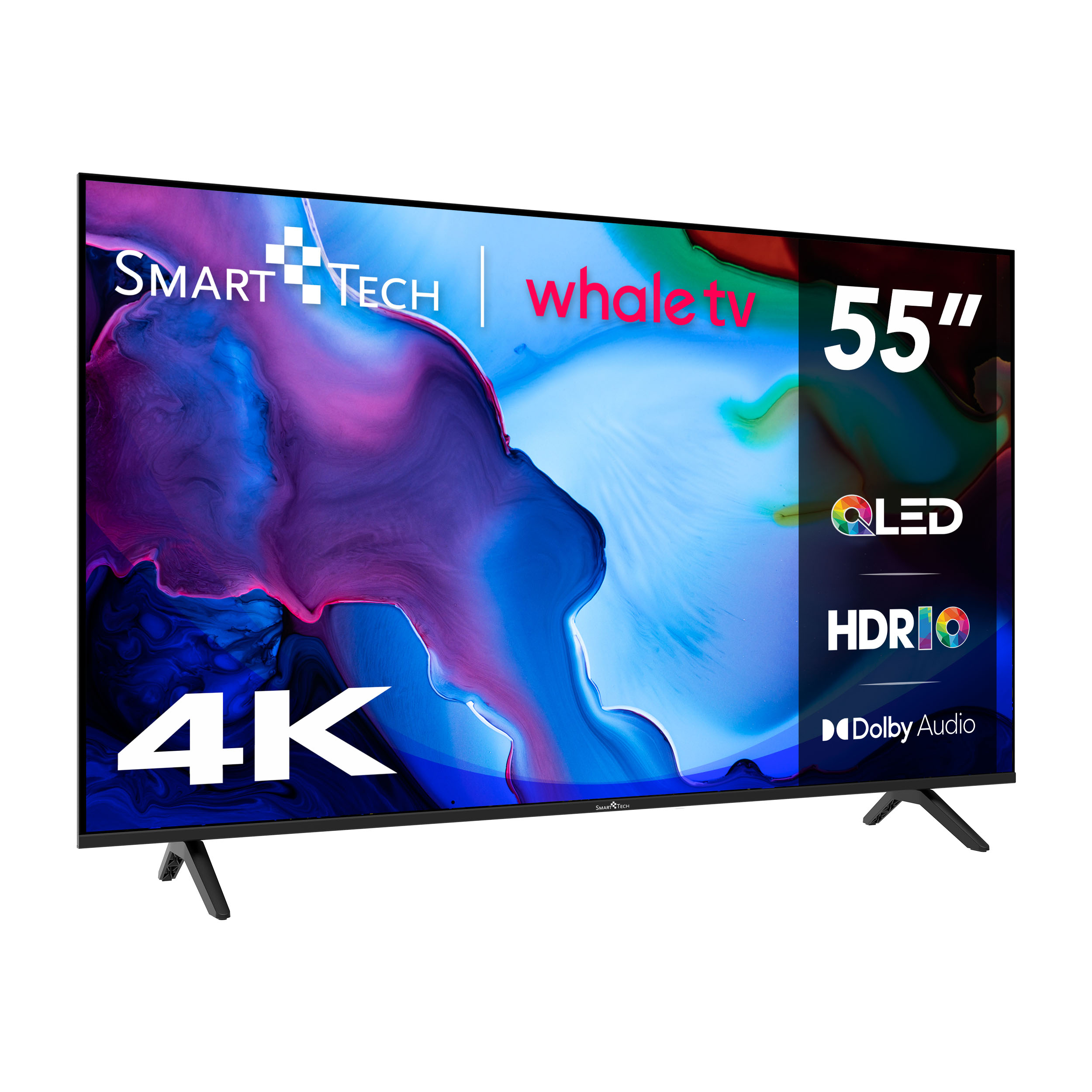 Un televisore Smart Tech da 55 pollici. Visualizza 4K, QLED, HDR10 e Dolby Audio. Presenta il logo Whale TV.