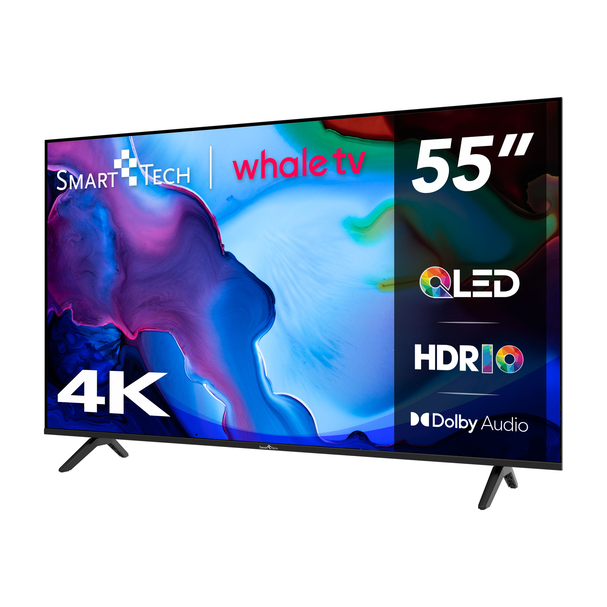 Una TV Whale da 55 pollici, cornice nera, con 4K, QLED, HDR10 e Dolby Audio. Lo schermo mostra arte astratta.