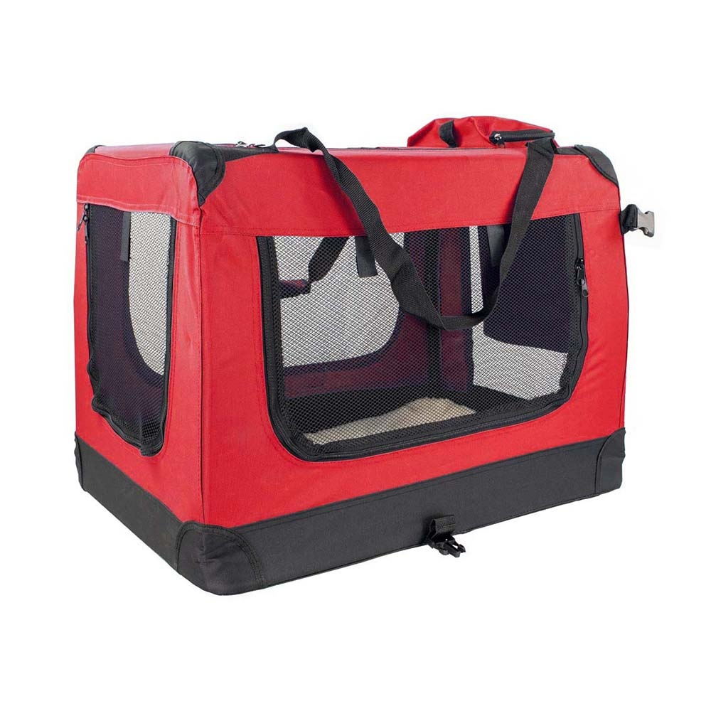 Un transportín rojo y negro para mascotas. Tiene ventanas de malla, un asa negra y una cremallera. El transportín está sobre un fondo blanco.