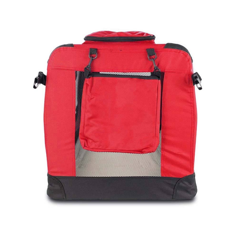 Un transportín rojo para mascotas con base y detalles negros. Tiene una ventana de malla y un bolsillo pequeño. Se ven asa y clips.