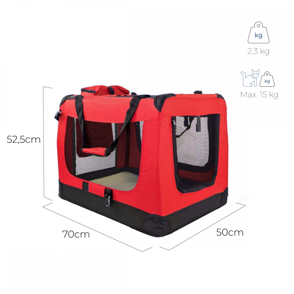 Transportín rojo y negro para mascotas con dimensiones. Tiene ventana de malla, asa y límites de peso: 2,3 kg y máx. 15 kg.