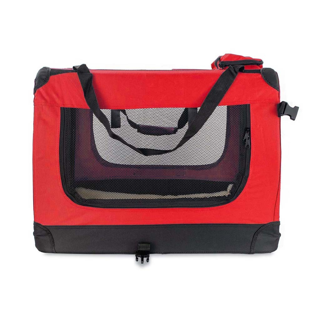 Una jaula roja y negra para perros con ventana de malla y asas negras. Tiene un pequeño bolsillo en la parte superior y una cremallera.