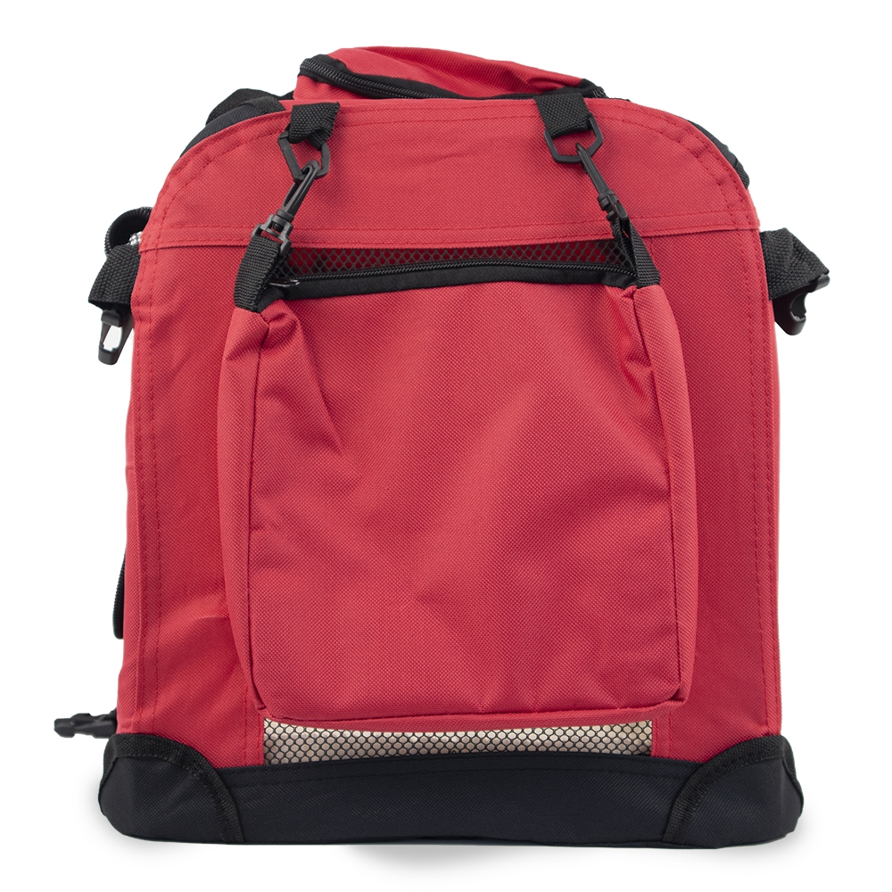 Una mochila roja con base y detalles negros. Tiene un bolsillo frontal, dos asas y un detalle de malla en la base.