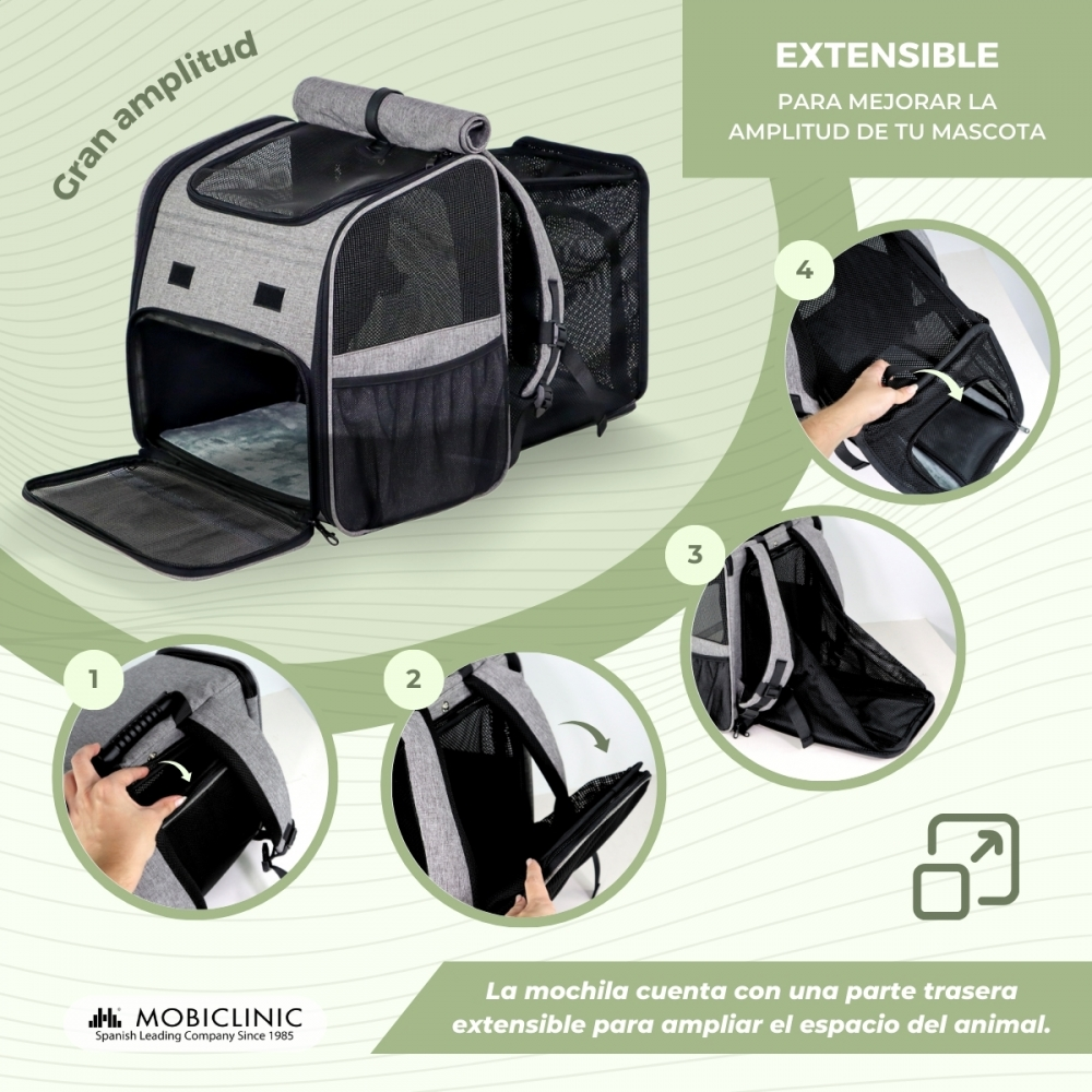 Mochila transportadora para mascotas gris, extensible para más espacio. Incluye cuatro vistas detalladas del proceso de expansión. Texto en español.