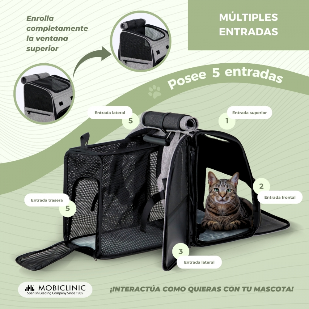 Se muestra un transportín para gatos con múltiples entradas. Un gato está dentro. El texto indica múltiples puntos de entrada.