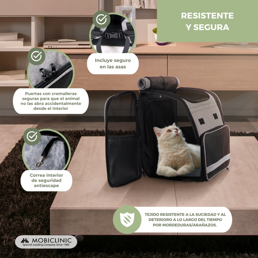 Un transportín para gatos con un gato blanco dentro. Incluye cremalleras seguras, correa anti-escape y tejido resistente.