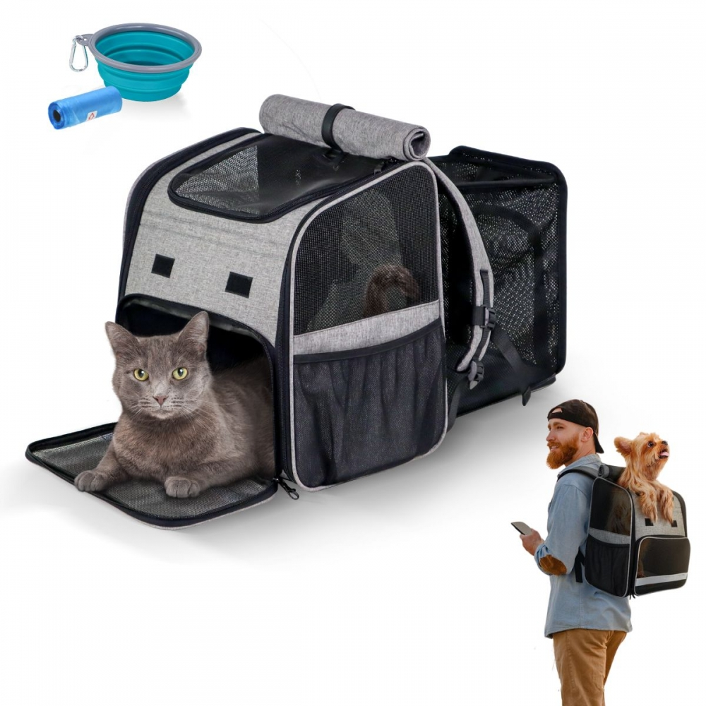 Gato en mochila transportadora para mascotas, perro en otra, hombre con teléfono. Cuenco plegable y dispensador de bolsas arriba a la izquierda.