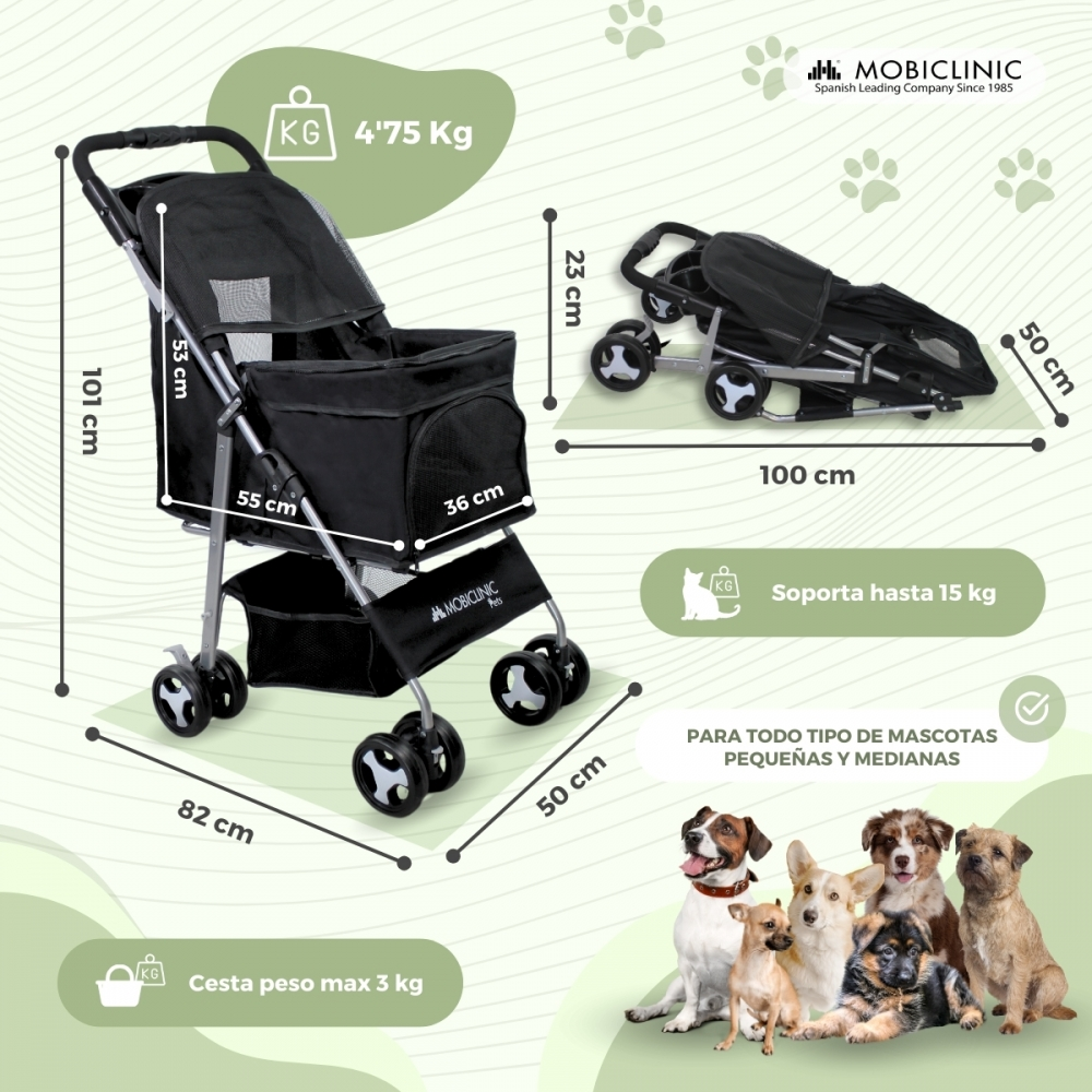 Un cochecito negro para mascotas con dimensiones y un grupo de perros. El cochecito es para mascotas pequeñas y medianas, con capacidad de 15 kg.