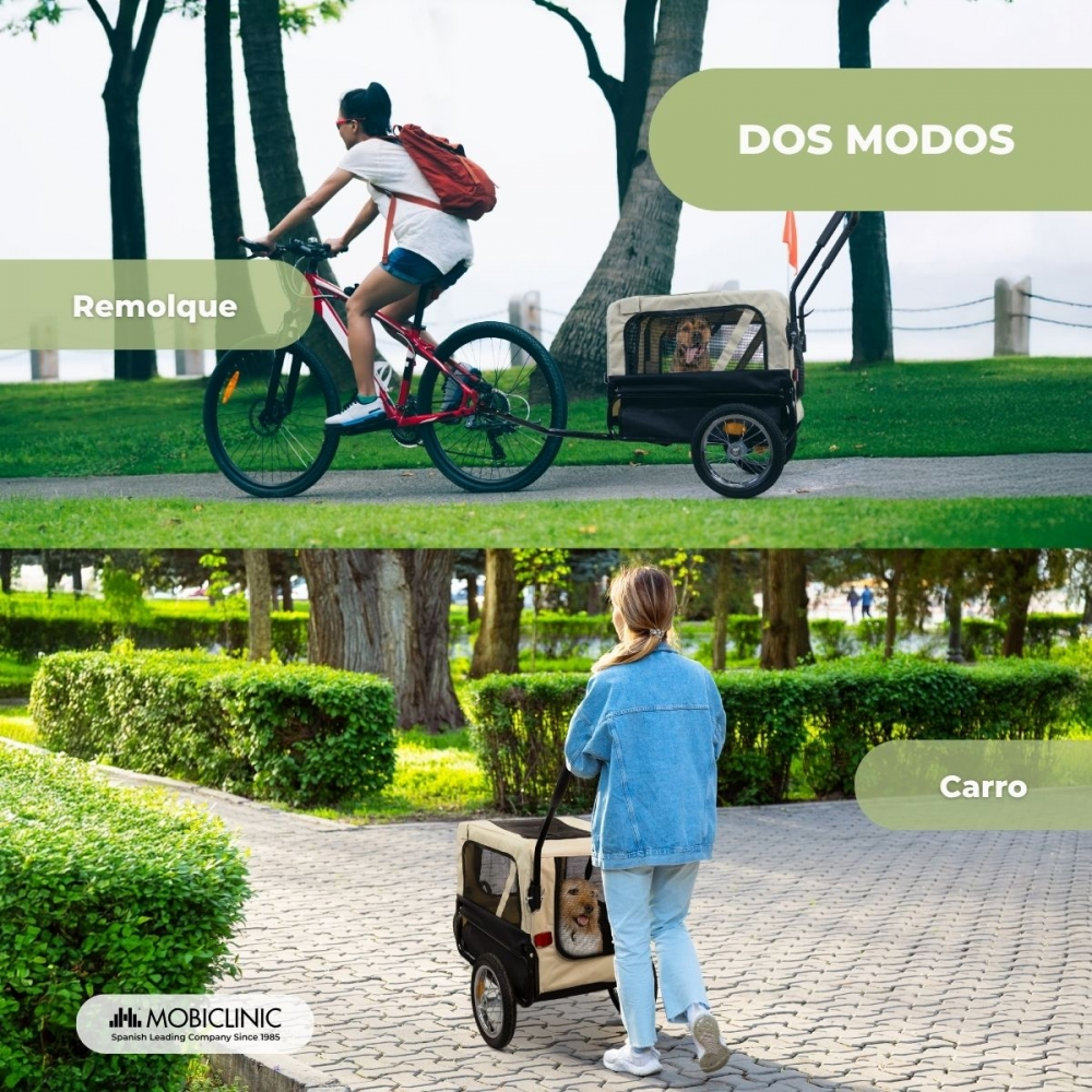 Una mujer monta en bicicleta con un remolque para perros. Otra mujer camina con un cochecito para perros. La imagen muestra dos modos de uso.