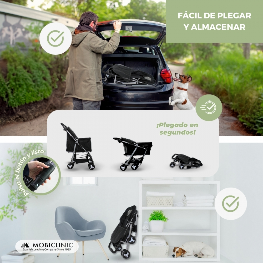 Un hombre carga un cochecito negro para mascotas en un coche. Un perro salta emocionado. El cochecito se muestra plegado y desplegado con texto.