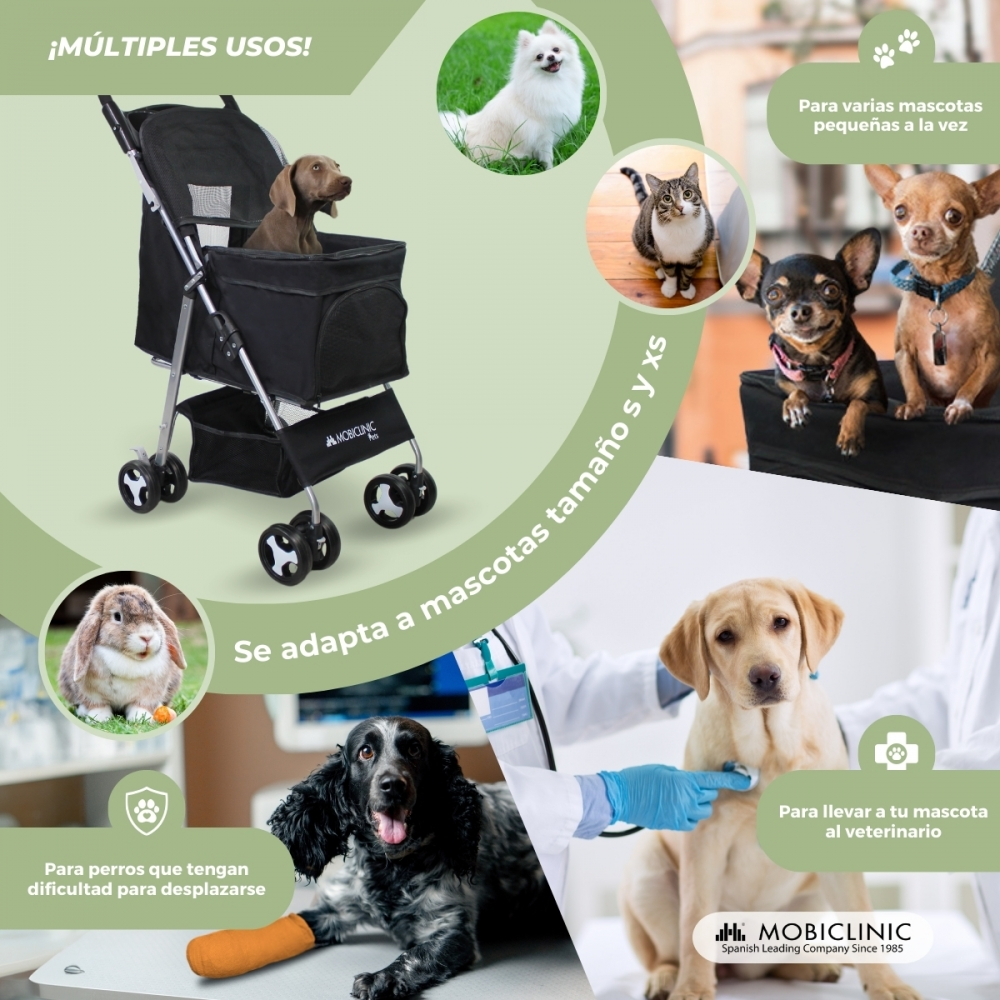 Collage de mascotas: perro en cochecito, perros pequeños, gato, conejo y perro en el veterinario. Texto: usos múltiples, se adapta a mascotas.