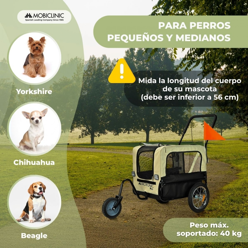 La imagen muestra un cochecito para perros con una pequeña bandera naranja. Se muestran tres razas de perros: Yorkshire, Chihuahua y Beagle, junto con texto.