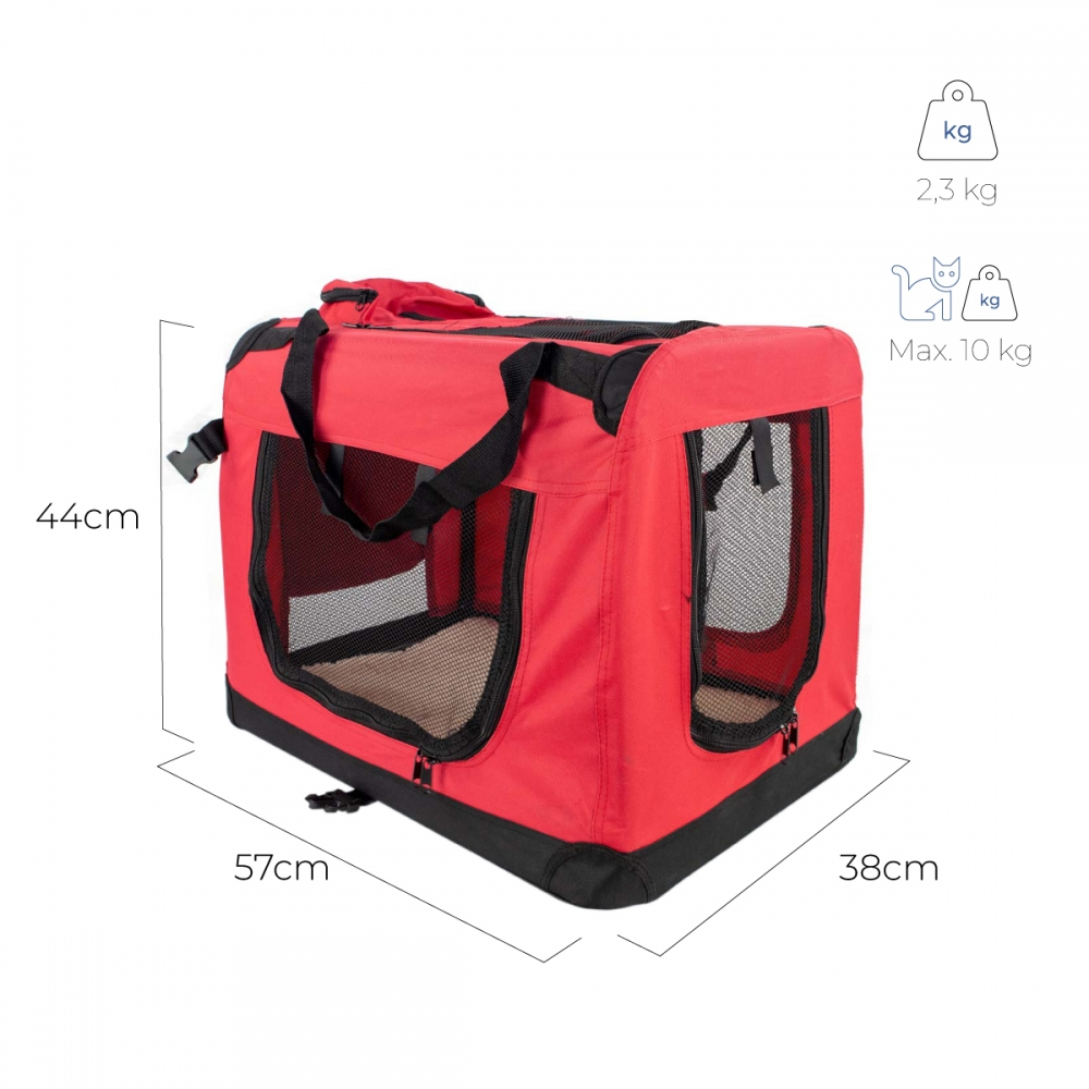 Un transportín rojo para mascotas con detalles negros. Dimensiones: 57cm x 38cm x 44cm. Capacidad: máx. 10 kg.