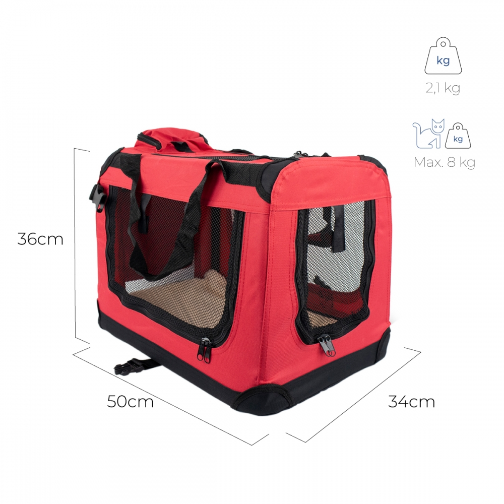 Un transportín rojo con ribete negro. Tiene ventanas de malla, cremalleras y dimensiones etiquetadas. Capacidad hasta 8 kg.