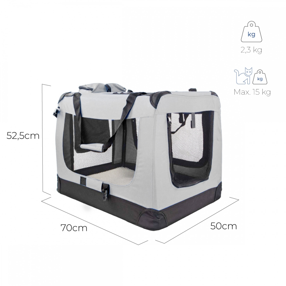 Transportín gris y negro con dimensiones etiquetadas. Cuenta con ventanas de malla, asa de transporte y límites de peso.