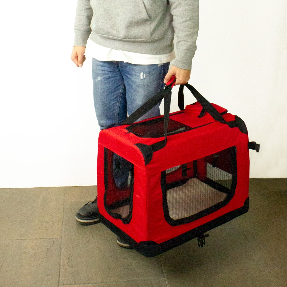 Una persona sostiene un transportín rojo. El transportín tiene detalles en negro. La persona lleva vaqueros, sudadera gris y zapatos negros.