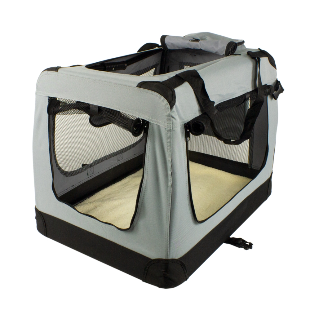 Un transportín para mascotas gris y negro con ventanas de malla y un interior suave. Tiene asas y un cierre seguro.